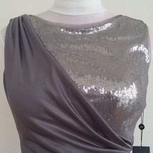 Silver/gray asymmetric sequined long column gown